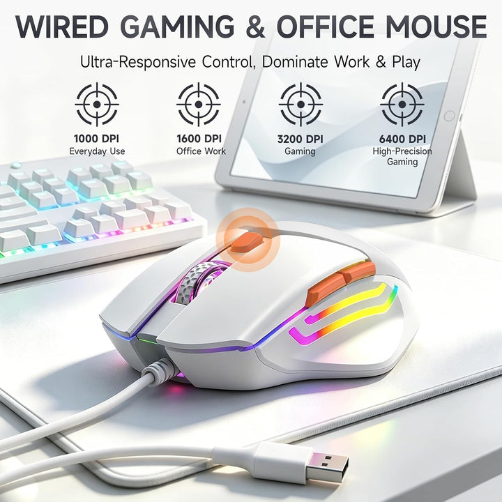 QWERTZ Kabelgebundenes Tastatur Maus Set, USB Full-Size Tastatur mit RGB LED Beleuchtung, leise Memb