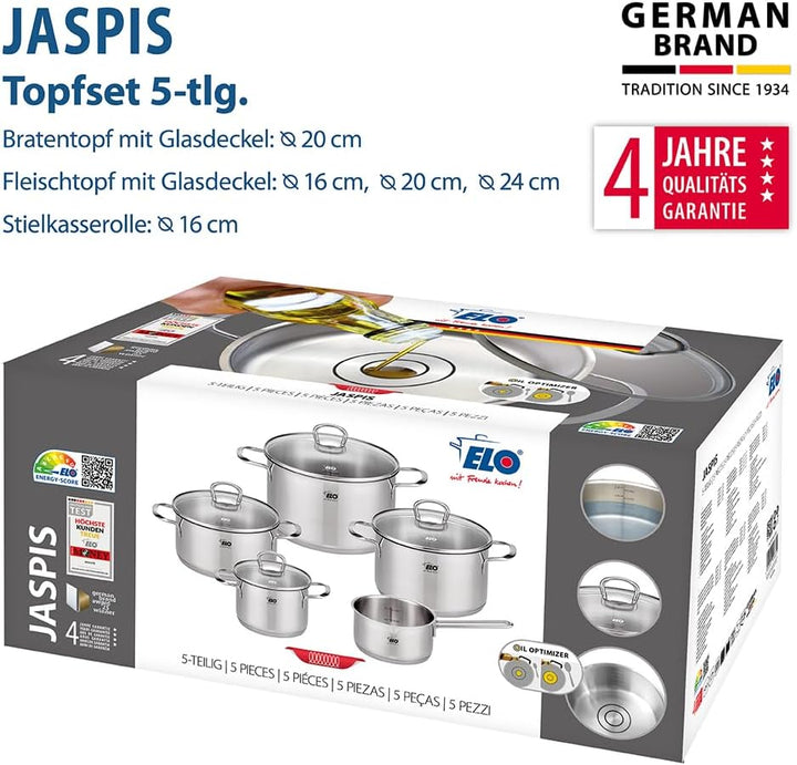 ELO Jaspis Topfset Edelstahl 5-teilig – Hochwertiges Kochtopf Set mit Öl-Dosiersystem & Glasdeckel –