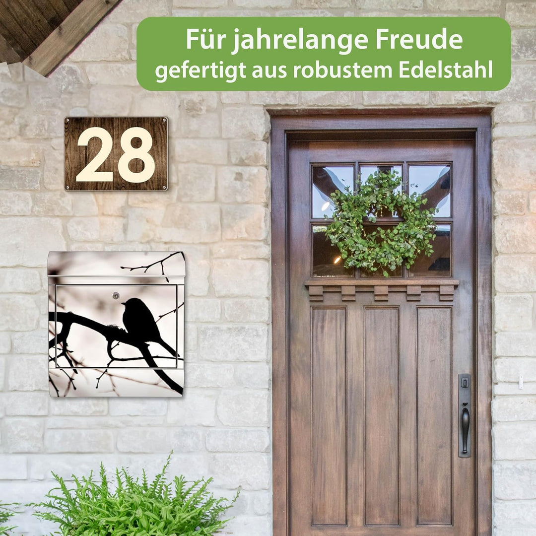 banjado® Briefkasten Edelstahl mit Motiv Früher Vogel 38x43x12cm &amp; 2 Schlüssel - rostfreier Edelstah