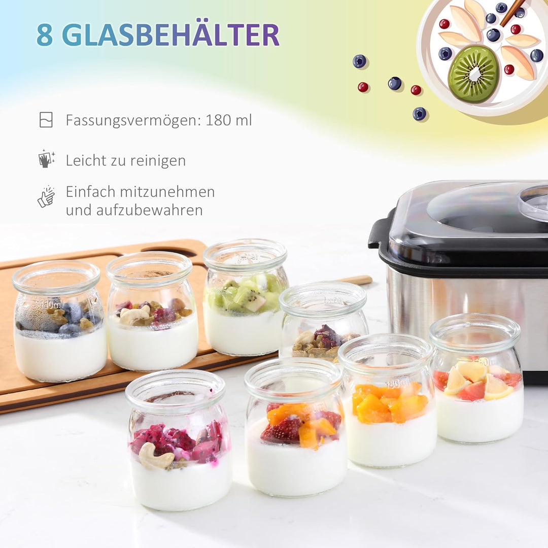 HOMCOM Joghurtbereiter 25W Joghurtmaschine mit LCD-Display 8 Joghurtgläser mit Deckel aus Glas 180ml