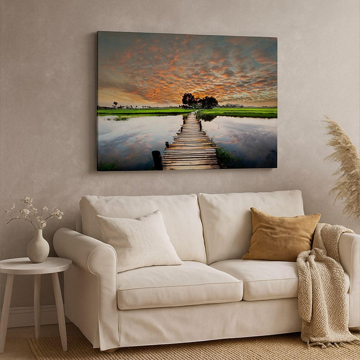 ARTTOR Bilder auf Leinwand 100x70cm Leinwandbild Asien brücke see natur Gross Wanddeko Bild Schlafzi