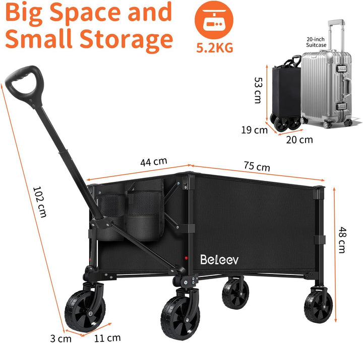 BELEEV Bollerwagen Faltbar mit Getränkehalter 90L Bis 100KG, Faltbarer Bollerwagen Kinder, Gartenkar