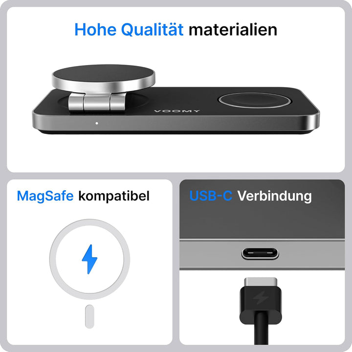 Voomy 3-in-1 Induktive Ladestation Kompatibel mit Magsafe Ladegerät, iPhone, AirPods & Apple Watch,