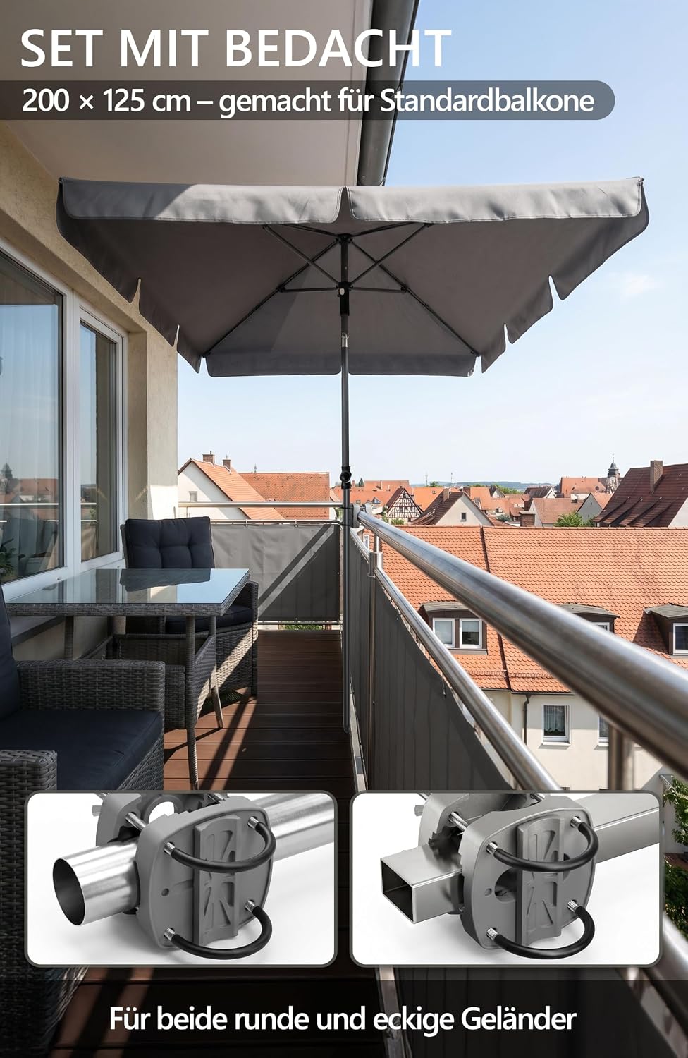 4smile Sonnenschirm Balkon SunnyShade - Sonnenschutz Balkon 3-in-1 SET, Anthrazit - UPF 50+ Sonnensc