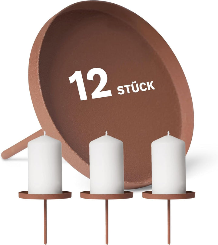 Novaliv 12er-Set Kerzenhalter ohne Dorn 8cm ROST Weihnachtskranz Kerzenteller zum Stecken rund Kerze