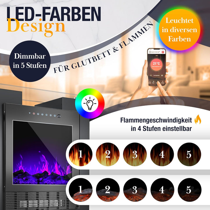 KESSER® LED Kamin mit Heizung elektrisch | Heizlüfter Elektrokamin mit Thermostat, Standkamin mit re