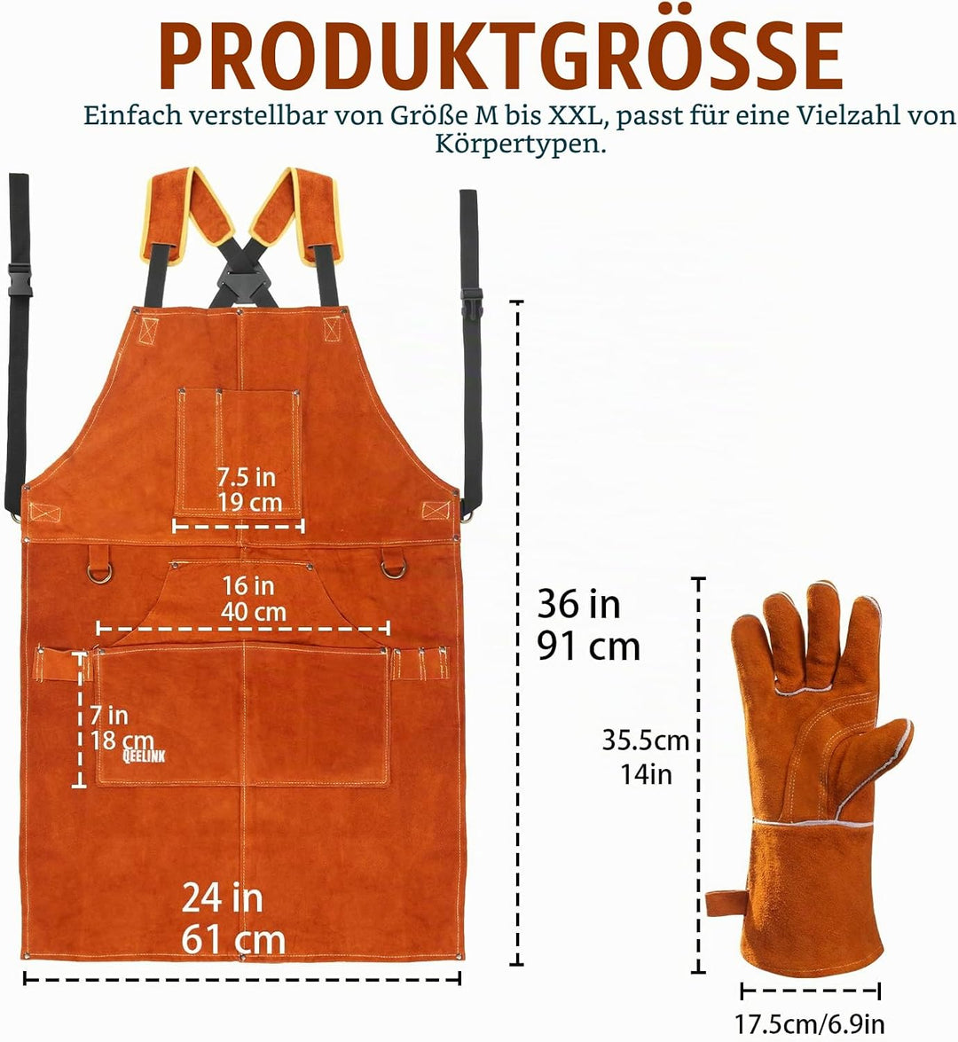 QeeLink Schweissschürze mit Schweisshandschuhe - Lederschürze mit 6 Taschen, Flammhemmende &amp; Hitzebe