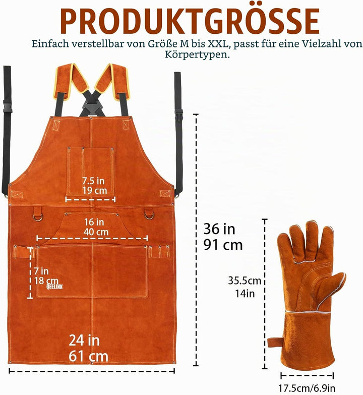 QeeLink Schweissschürze mit Schweisshandschuhe - Lederschürze mit 6 Taschen, Flammhemmende &amp; Hitzebe