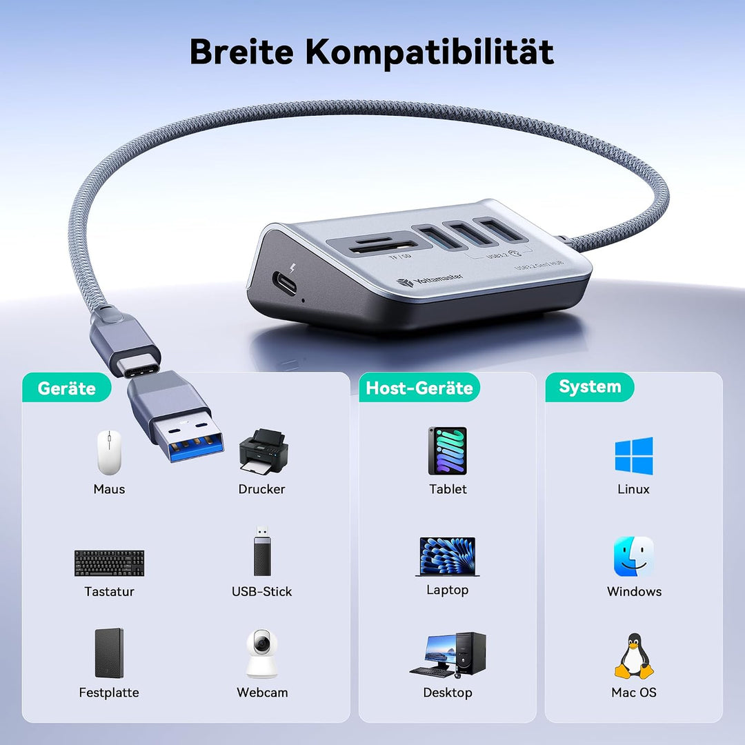 Yottamaster USB Hub mit SD Kartenleser, 5-in-1 USB 3.0 Hub, 3 USB-A 3.0, USB Verteiler mit SD/TF Car