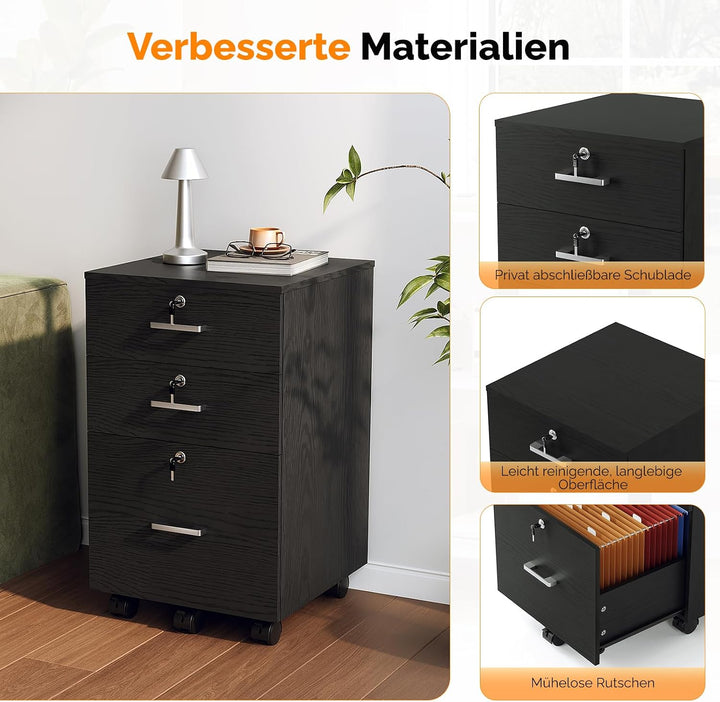 Bonnlo mobiler Aktenschrank 3 Schubladen für Büro,Homeoffice, schwarz,Holz, Schwarz