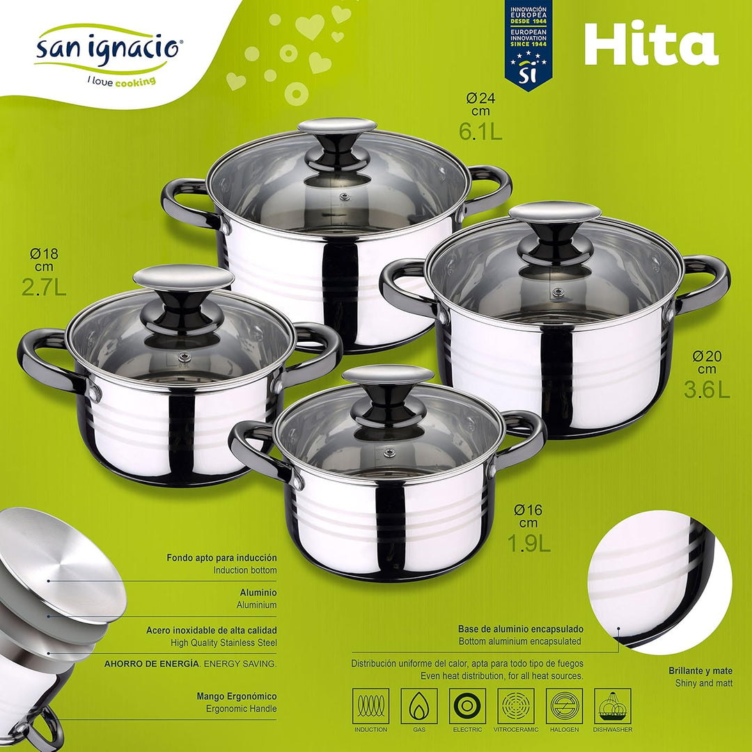 Set, 8 Teile, Edelstahl, mit Glasdeckeln, geeignet für Induktion, Kollektion Altea, Durchmesser: 16
