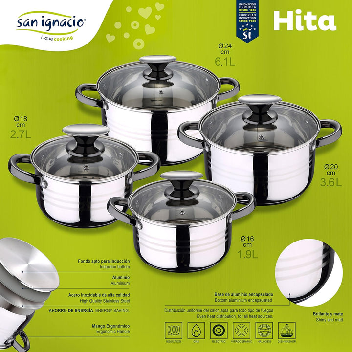 Set, 8 Teile, Edelstahl, mit Glasdeckeln, geeignet für Induktion, Kollektion Altea, Durchmesser: 16