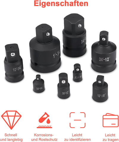 8tlg Kraft-Adapter Set, Impact Socket Set Steckschlüssel-Adapter-Set Schlagschrauber-Konverter-Reduz