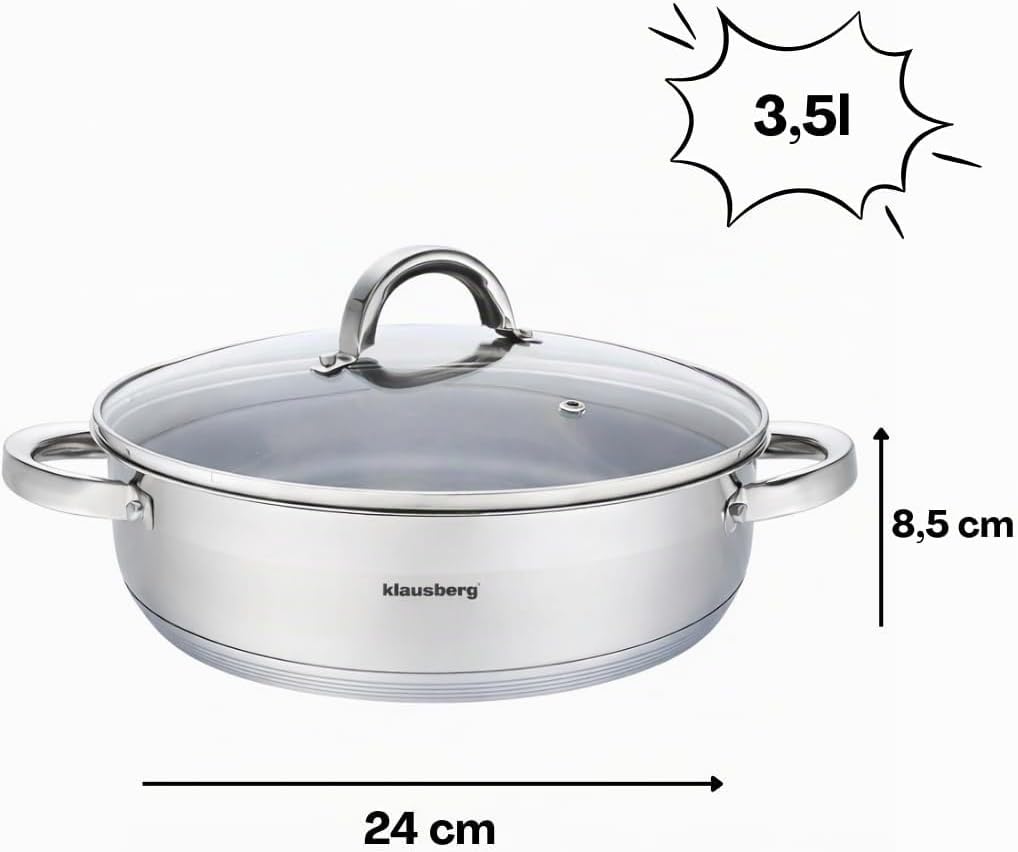 Flach Topf mit Deckel in vielen Grössen Kochtopf Töpfe Induktion Edelstahl Klausberg (3.6L)