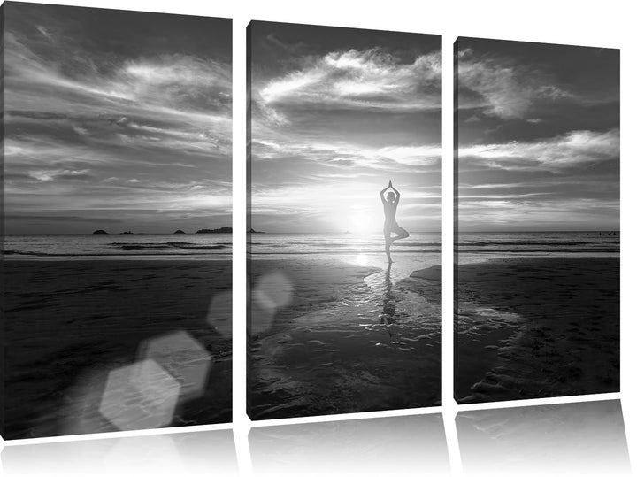 Pixxprint Yoga Silhouette am Strand als Leinwandbild/Grösse: 3 Teilig (120x80 cm) cm/Wandbild/Kunstd