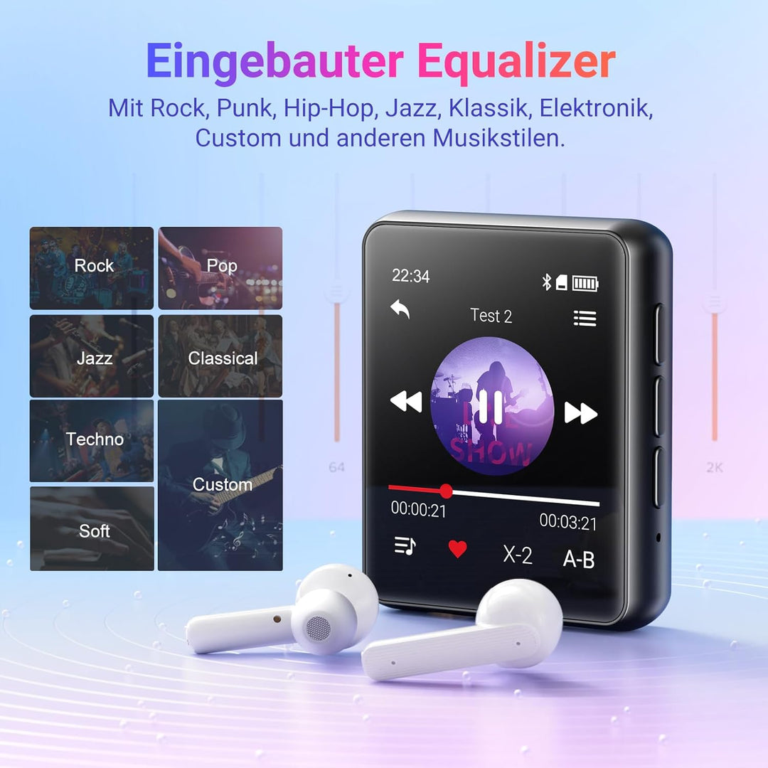 MP3-Player mit Bluetooth, 128GB Musik-Player, eingebauter Lautsprecher und FM-Radio, 1,8 Zoll Mini T