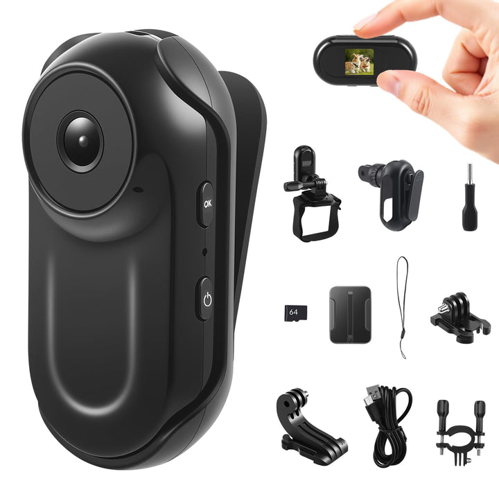 Mini Action Cam 1080P - Körperkamera mit Magnet &amp; Zubehör - Helmkamera für Motorrad, Fahrrad, Sport