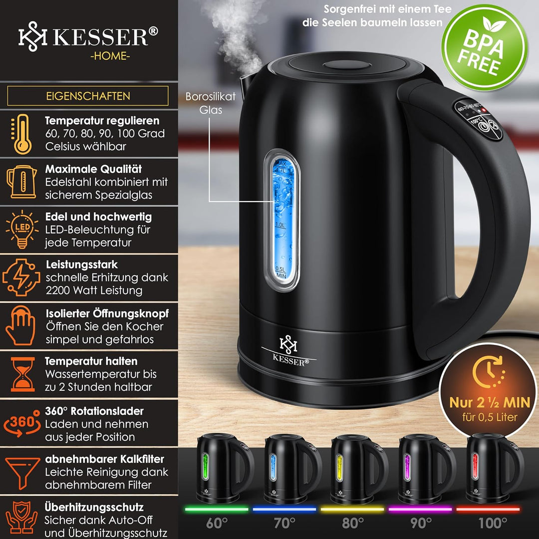 KESSER Wasserkocher 2200W Edelstahl 1,7L mit LED Beleuchtung-Farbe je nach Temperaturwahl 60, 70, 80