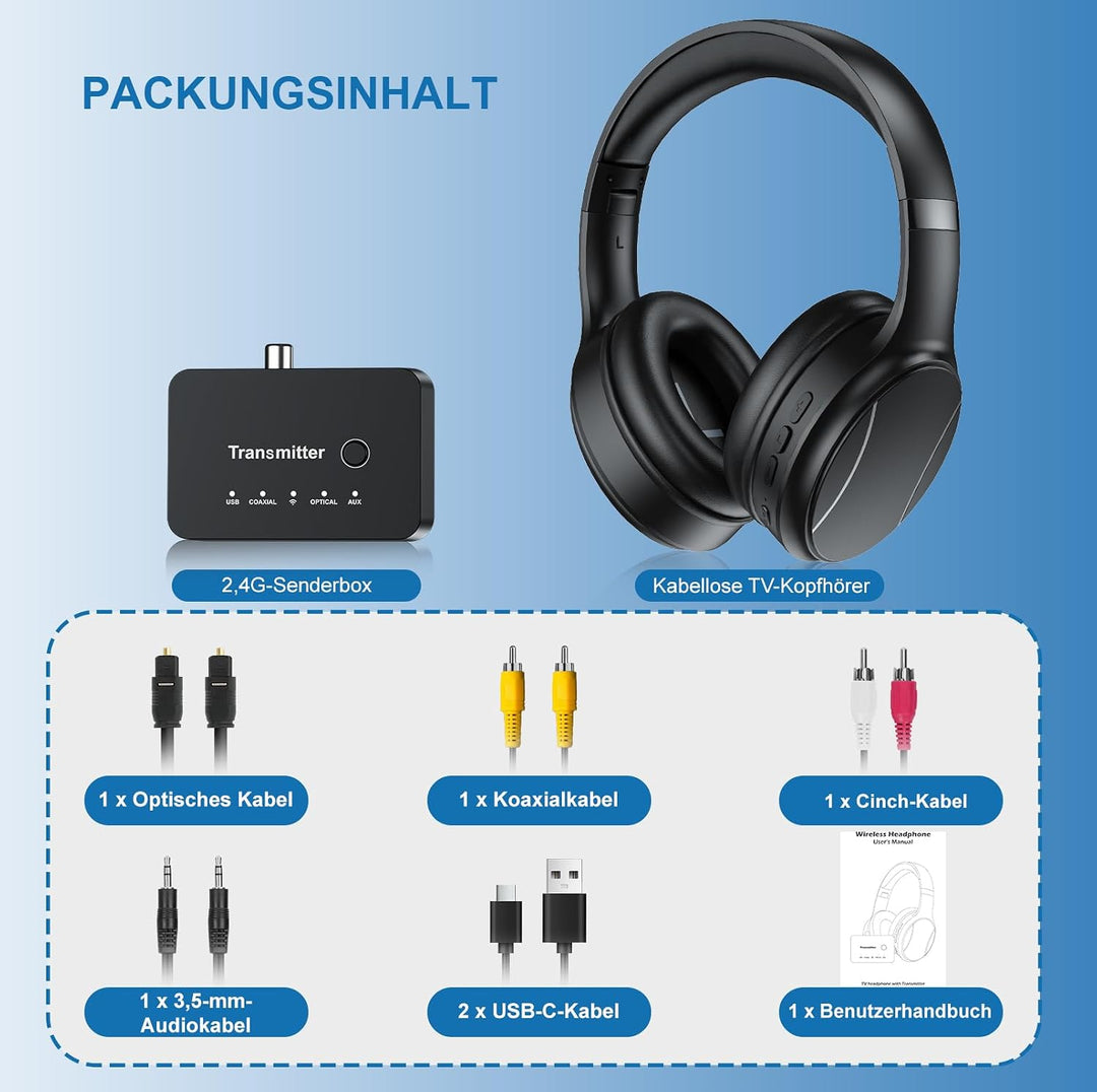 Kabellose TV-Kopfhörer für Senioren, 2,4G RF &amp; Bluetooth 5.4 mit 5-in-1 Sender (Optisch/Koaxial/RCA/