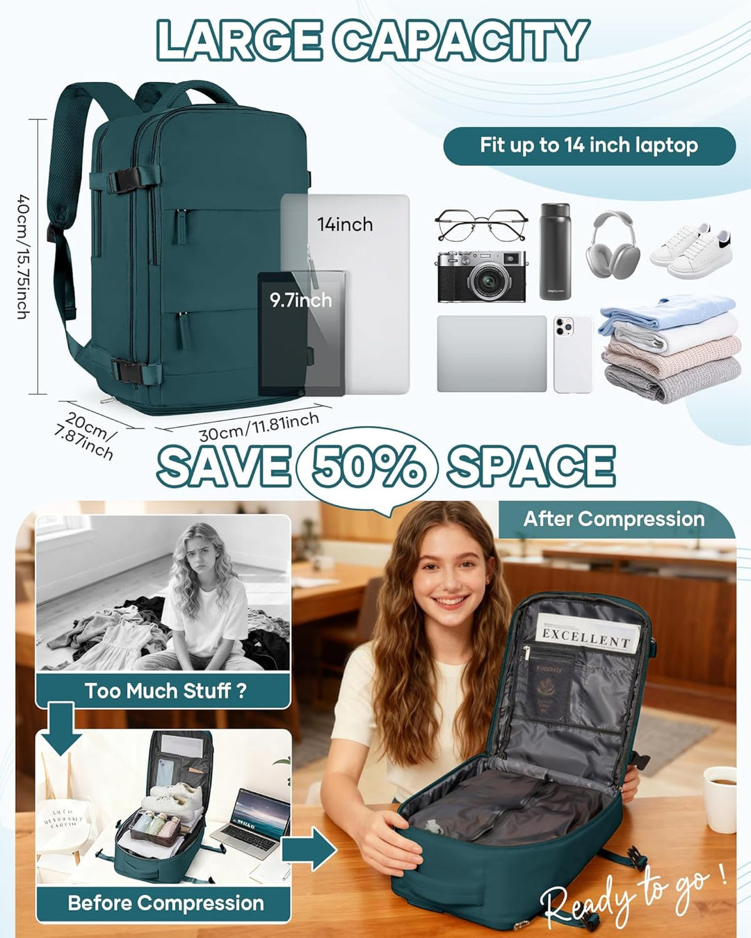 SZLX Grosser Reiserucksack Damen,Vakuum Rucksack mit Pumpe Ryanair Handgepäck 40x30x20 Herren, Wizza