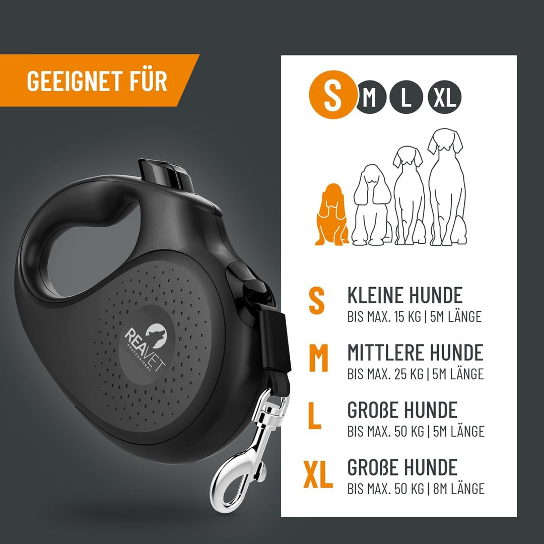 ReaVET Rollleine Hundeleine ausziehbar 5m für kleine Hunde (S) I Ergonomischer & Rutschfester Griff