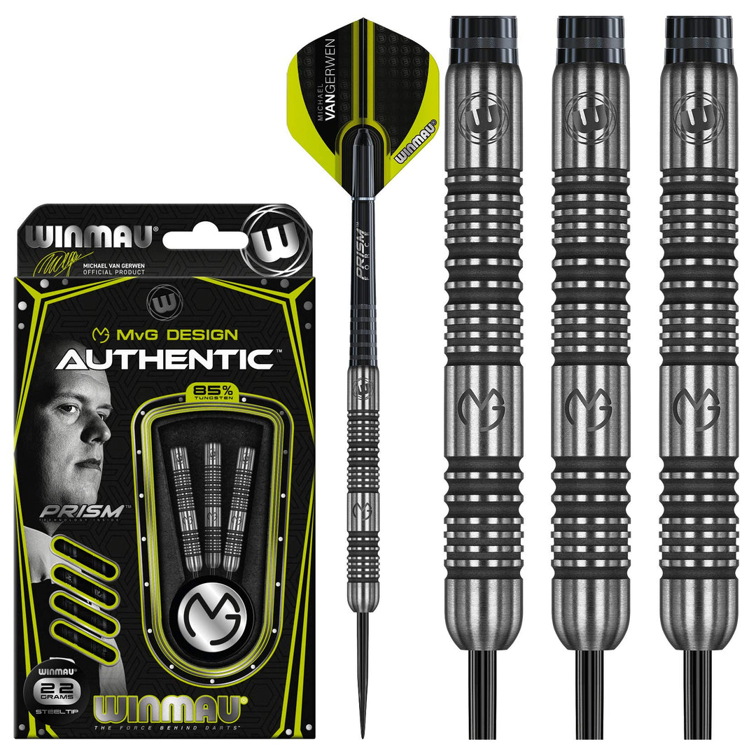 WINMAU Michael Van Gerwen MvG Authentic 22g Profi Wolfram Steeltip Dartpfeile Set mit Flights und Sc