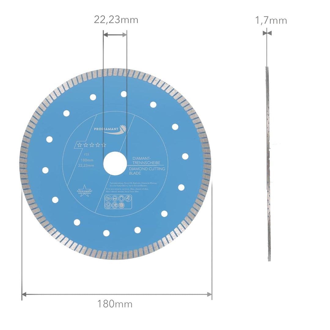 PRODIAMANT F33 Profi Diamant Trennscheibe ø 180mm für Natursteine Granit und Fliesen Bohrung 22,2mm