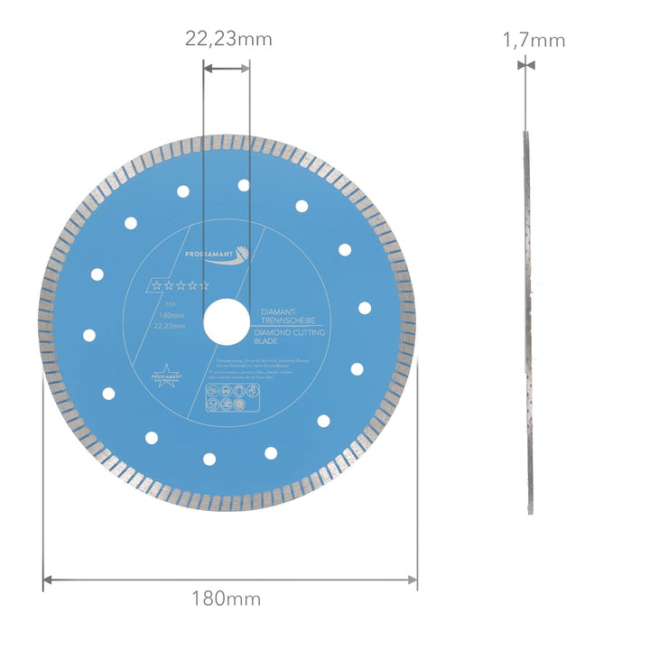 PRODIAMANT F33 Profi Diamant Trennscheibe ø 180mm für Natursteine Granit und Fliesen Bohrung 22,2mm