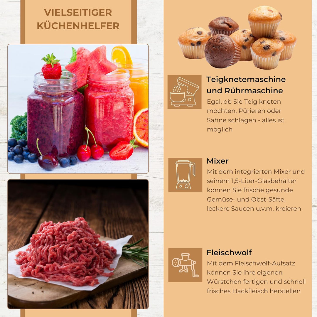 Syntrox Germany Küchenmaschine Wasas Mixen & Zerkleinern 7,5 Liter, Mixer und Fleischwolf in einem,