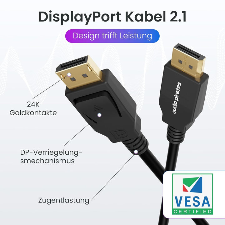 audio pirates [2-Pack DisplayPort 2.1 Kabel, 3m, VESA-zertifiziert, 54Gbps, 16K@60Hz 8K@120Hz 4K@240