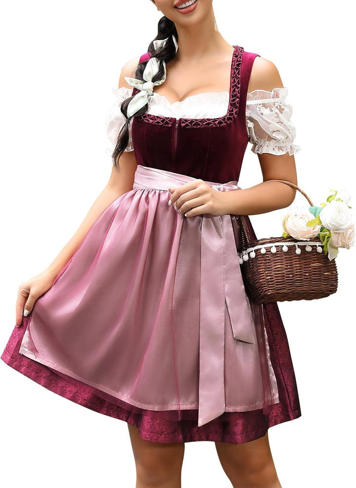 KOJOOIN Trachtenkleid Damen Dirndl Kurz Midi 3tlg. für Oktoberfest-DREI Teilig: Kleid, Bluse, Schürz