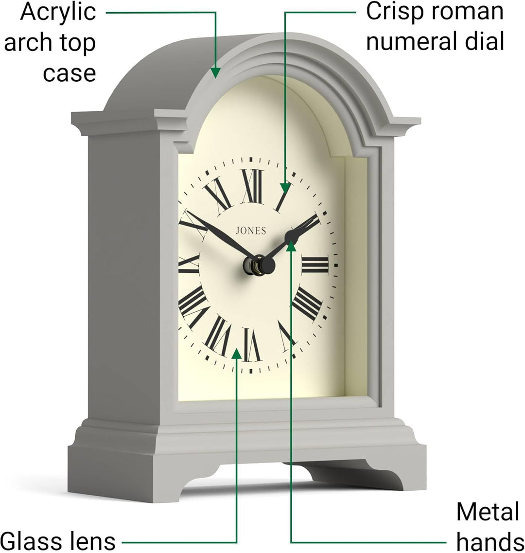 JONES CLOCKS® Bistro kaminuhr | Klassisches Design Einer kutschenuhr mit gebogenem Bogen | Grau | Ze
