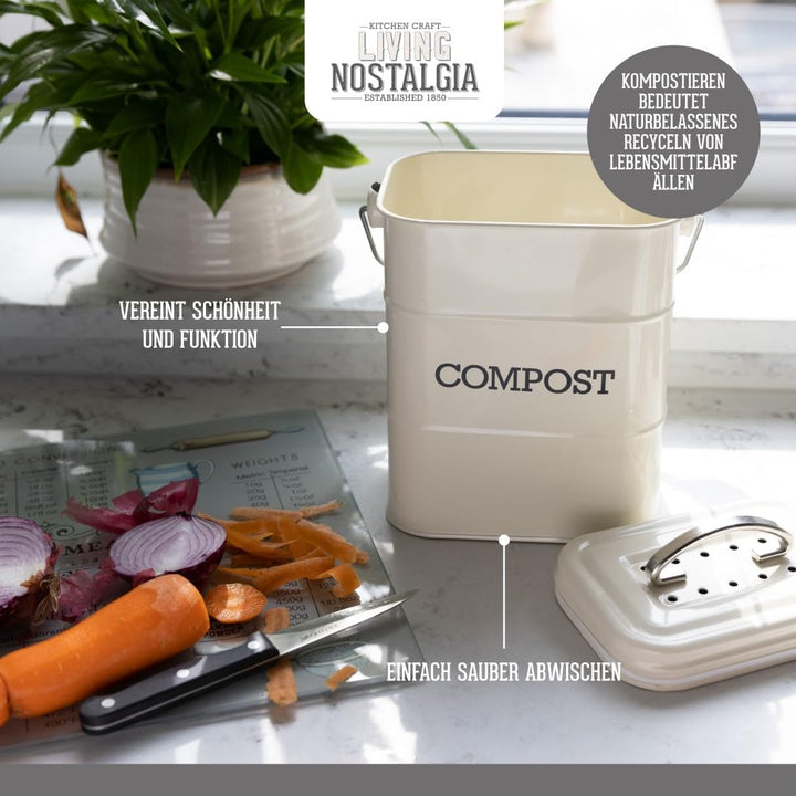 KitchenCraft Living Nostalgia Küchenkompostbehälter, Metall, 16,5 x 12 x 24 cm, Antik Creme Creme Si