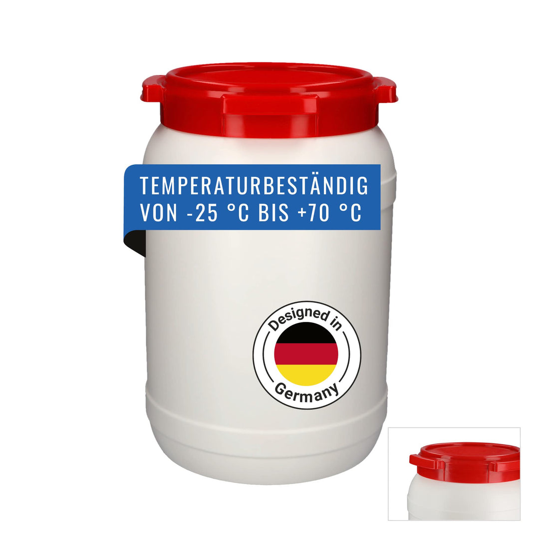 DENIOS® Weithalsfass WH 20, aus Polyethylen (PE), 20 Liter Volumen, weiss/rot, maximal sicher, 20 Li