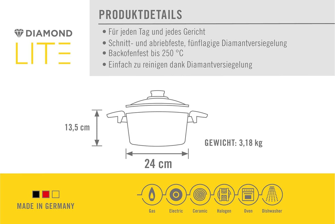 Woll Diamond Lite Topf mit Glasdeckel in Box, Ø 24 cm, 13.5 cm hoch, 5.0 Liter, mit 2 Seitengriffen