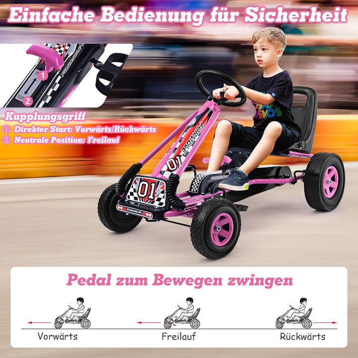 GOPLUS Gokart ab 3-8 Jahre, Kinderfahrzeug mit Verstellbarem Sitz, Tretauto aus Gummireifen, Flexibl