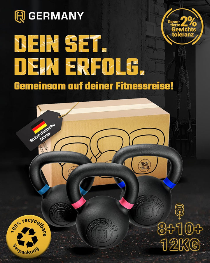 HQ Germany® Kettlebell Powdercoat [Pulverbeschichtung] - Kugelhantel 2-32kg | Vollguss ohne Schweiss