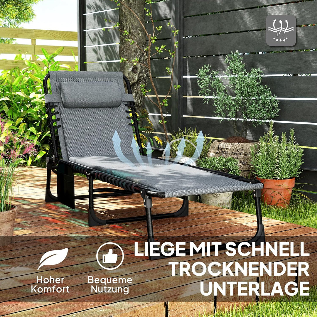 Outsunny Sonnenliege klappbar Gartenliege mit Kopfkissen Seitentasche, Polstert Liegestuhl mit 5-Fac