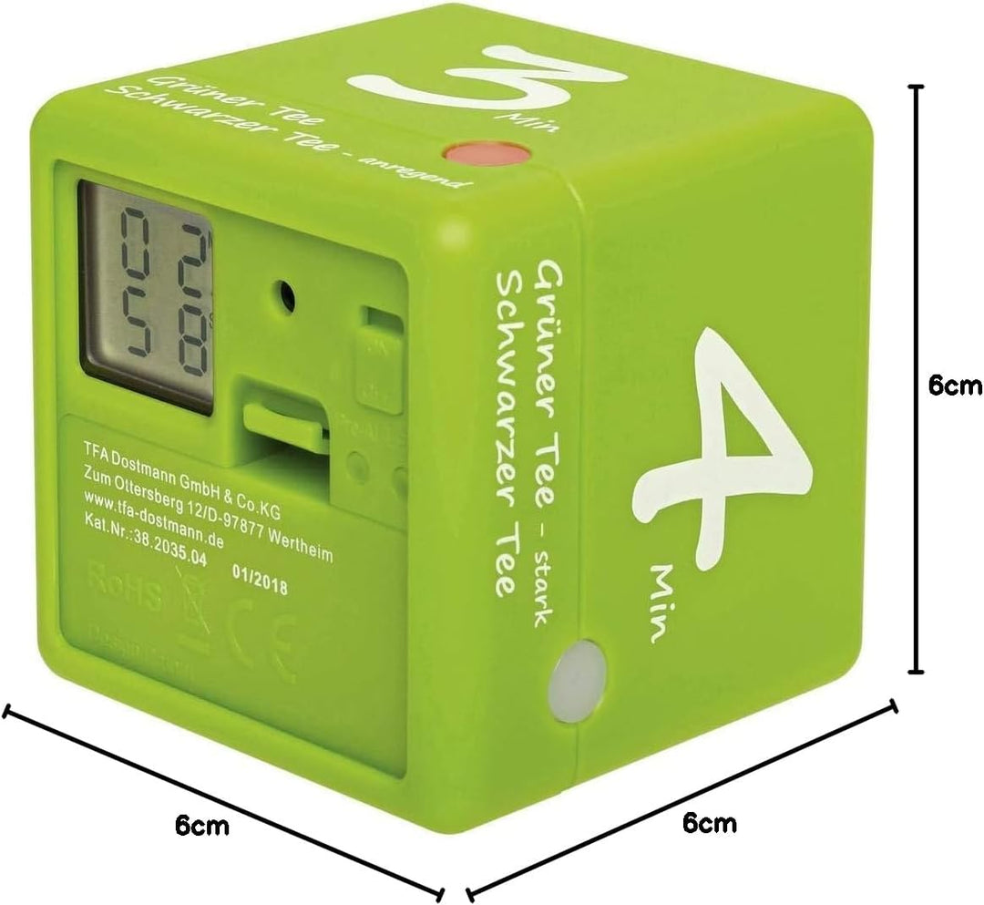 TFA Dostmann Digitaler Tee-Timer, 38.2035.04, ideale Ziehzeit, Tee-Zubehör, Timer, grün,L 60 x B 60