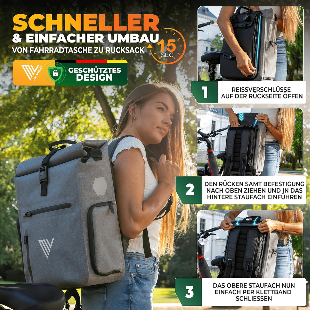 MIVELO 3in1 Fahrradtasche für Gepäckträger I Rucksack &amp; Gepäckträgertasche hinten - in 15 Sekunden u