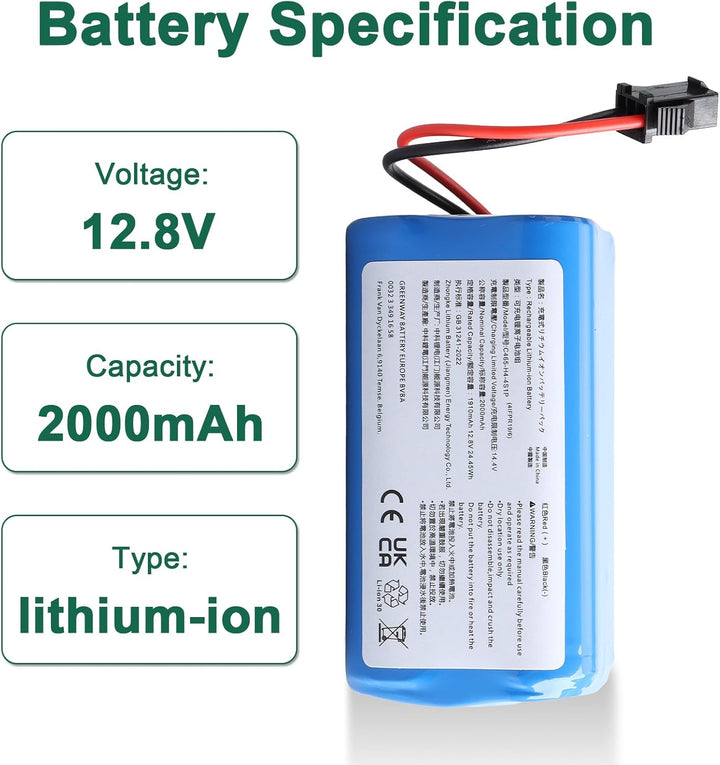12.8V 2000mAh Ersatzakku Kompatibel mit Lefant M210 M210B M210P M213 M213S Robot Vacuum Cleaner, Li-