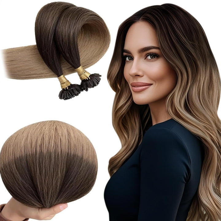 RUNATURE Bonding Extensions Echthaar Braun Blond Balayage 35cm Keratin PreBond Haarverlängerung 1g 5