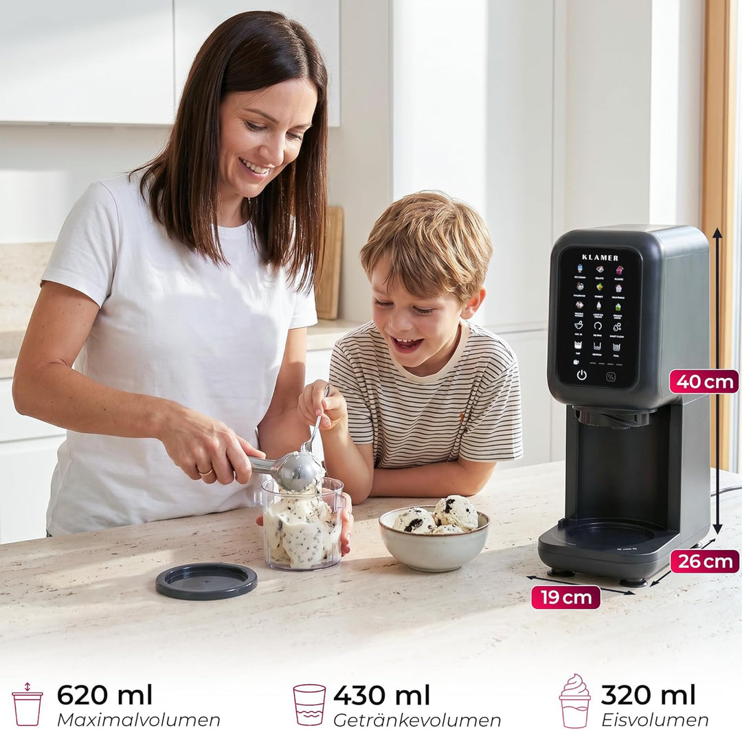 KLAMER Eismaschine, 12 Programme für Eiscreme, Gelato, Sorbet, Frozen Yogurt, Slushie & Milkshake, M