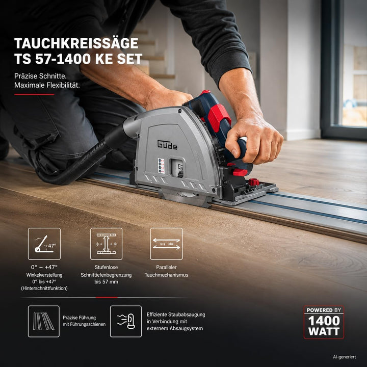 Güde 58232 Tauchkreissäge TS 57-1400 KE Set (1400 W, Sägeblatt-Ø 165 mm, Paralleler Tauchmechanismus