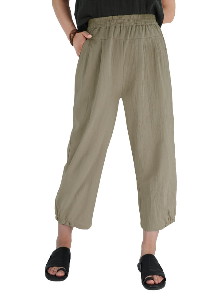 Les umes Damen Baumwolle Casual Capri Hose Elastische Taille Sommer Hose Haremhose mit Taschen XL Gr