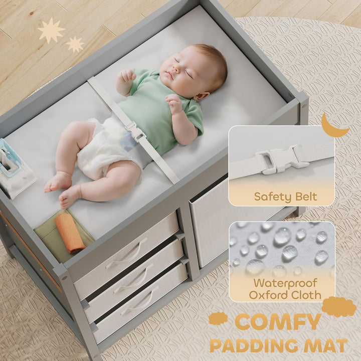 AIYAPLAY Wickeltisch mit 4 Schubladen, Wickelkommode für 0-12 Monate (max. 11kg), mit Matte, Säuglin