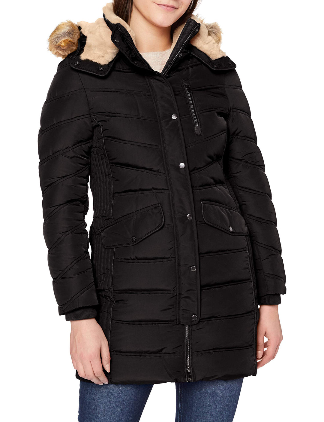 TOM TAILOR Damen Lange Pufferjacke mit Fellbesatz S 14482 - Deep Black, S 14482 - Deep Black