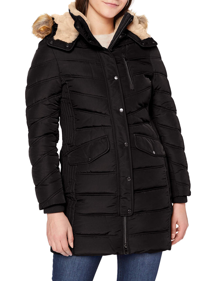TOM TAILOR Damen Lange Pufferjacke mit Fellbesatz S 14482 - Deep Black, S 14482 - Deep Black