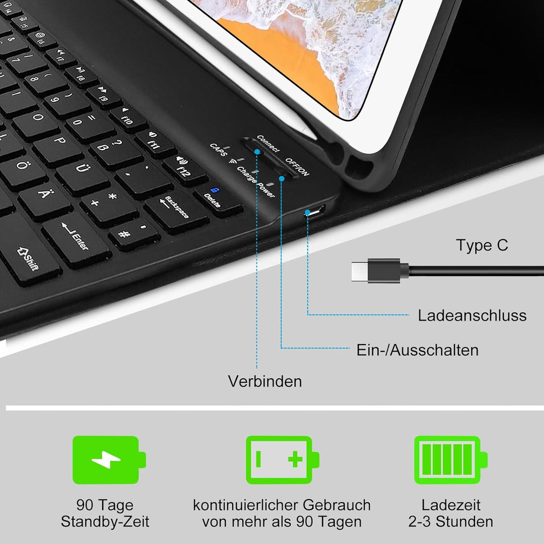 YUEJIDZ Tastatur Hülle für iPad 9.7 2018 (6. Generation)/5. Generation 2017, iPad Air 2 & 1, Magneti