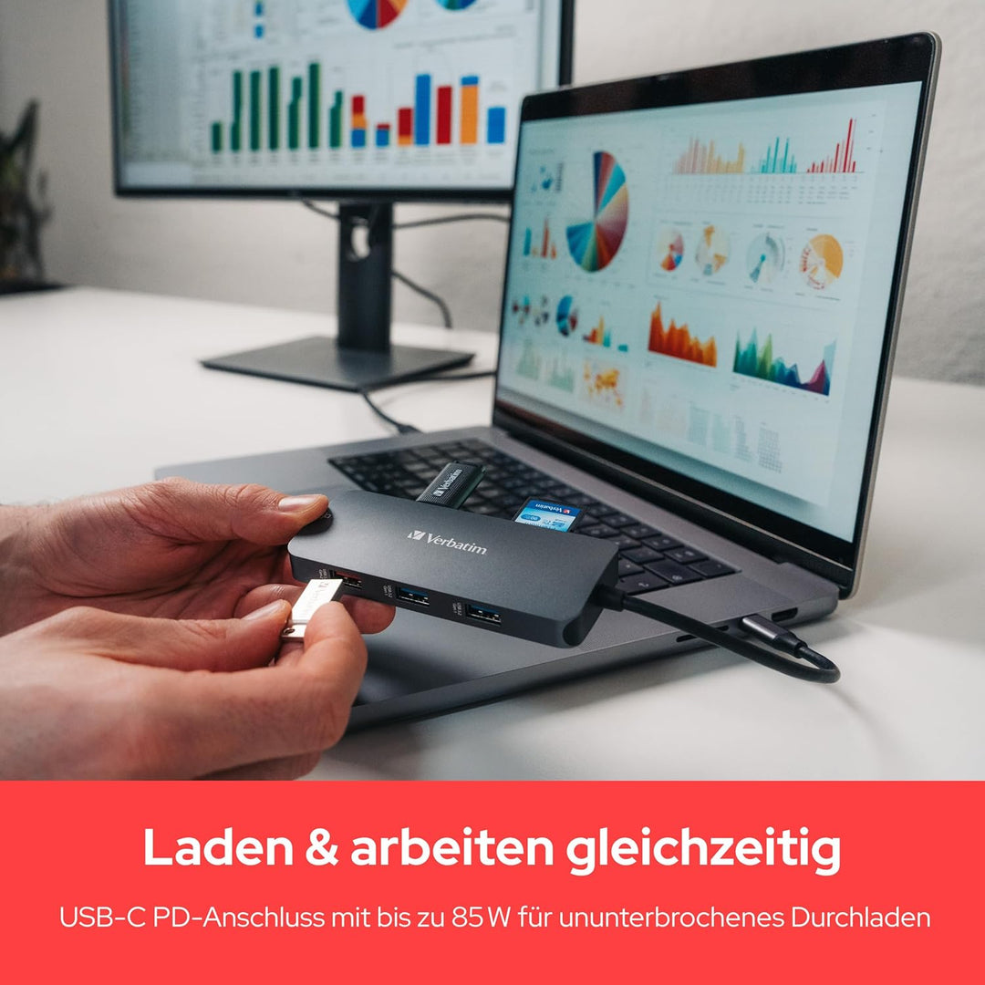 Verbatim USB C Hub 9-in-1, Multiport Adapter USB-C auf HDMI, RJ45, USBA-A und USB-C, mit SD Kartenle